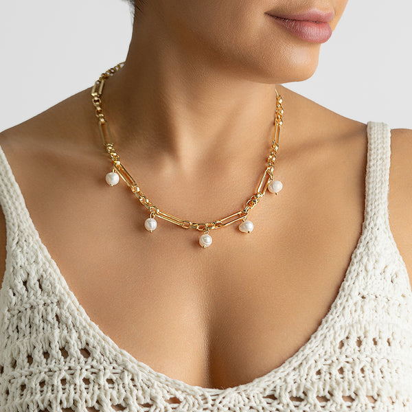 Fresh water pearls with aquamarine adjustable 14KGF (5% real gold) shipping necklace