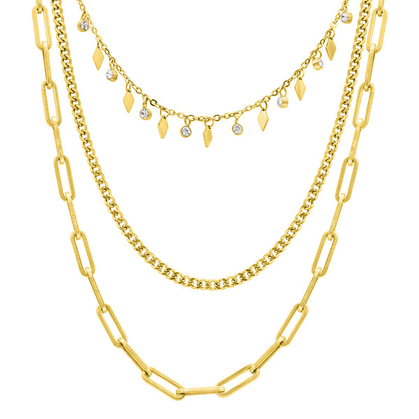 ADORNIA 14K Yellow Goldplated Paperclip Curb, Paper and Snake Chain Necklace Set hot