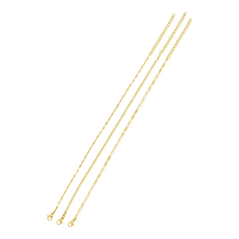 Tarnish Resistant 14k Gold Plated Adjustable 9-11" Herringbone, Valentina, and Mariner Chain Anklet Set