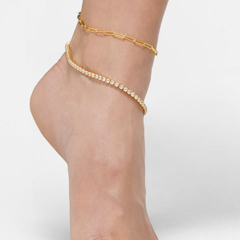 14k Gold Plated 10" Tennis and Paperclip Chain Anklet Set