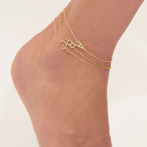 14k Gold Plated Pave CZ Sideways Initial Anklet