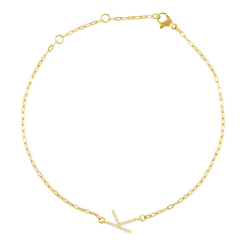 14k Gold Plated Pave CZ Sideways Initial Anklet