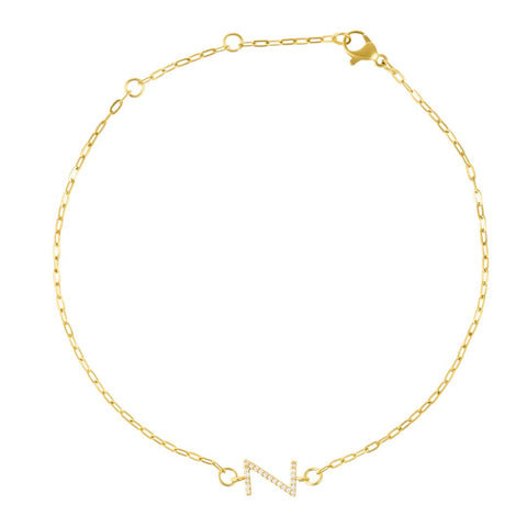 14k Gold Plated Pave CZ Sideways Initial Anklet