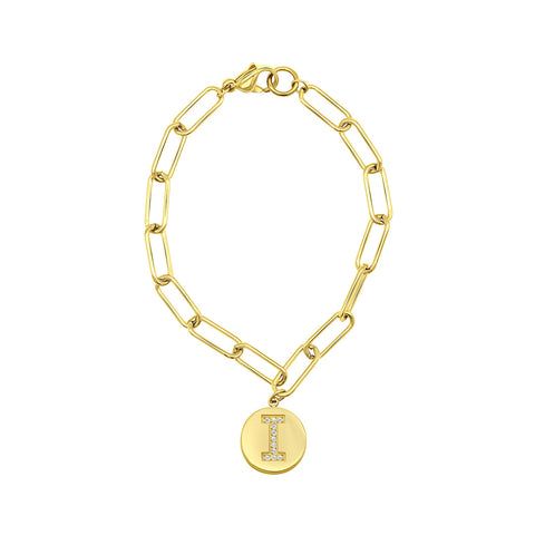 Tarnish Resistant 14K Gold Plated Pave Crystal Initial Disc Paperclip Bracelet