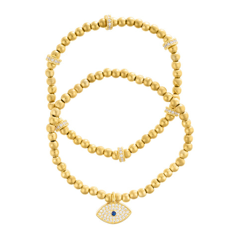 Gold Plated Pair of Bead Bracelets with Crystal Evil Eye