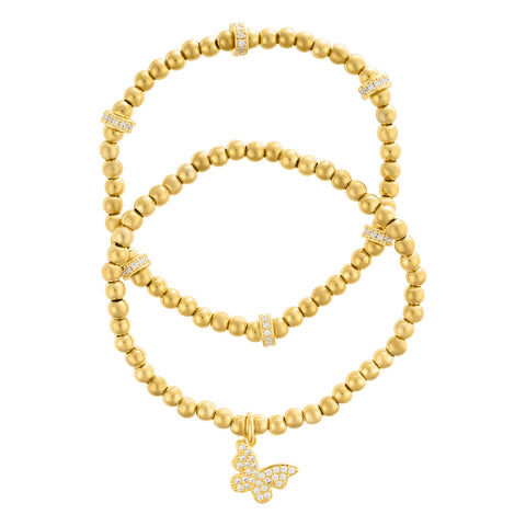 Gold Plated Pair of Bead Bracelets with Crystal Butterfly