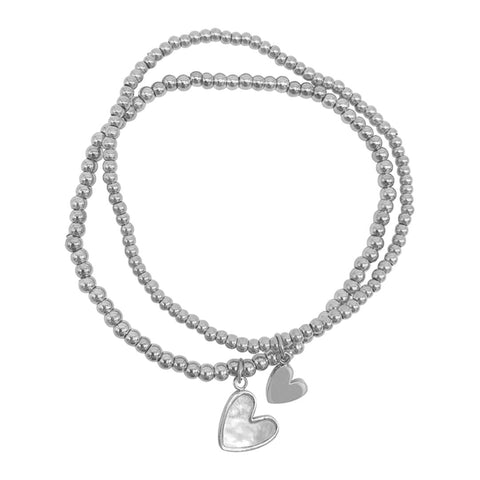 Tarnish Resistant Set of Heart Ball Bracelets with Mother of Pearl