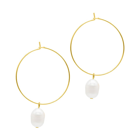 14k Gold Plated Freshwater Pearl Wire 1.5" Hoop Earrings