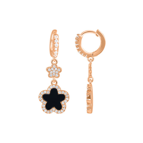 14k Rose Gold Plated Black CZ Clover Earrings