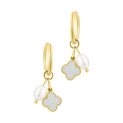 Tarnish Resistant 18k Gold Plated Freshwater Pearl Clover Hoop Earrings