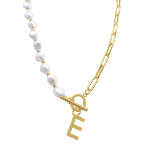 Pearl and Paperclip Chain Initial Toggle Necklace gold