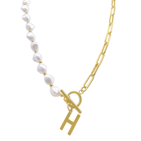 Pearl and Paperclip Chain Initial Toggle Necklace gold