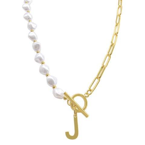 Pearl and Paperclip Chain Initial Toggle Necklace gold