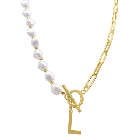 Pearl and Paperclip Chain Initial Toggle Necklace gold