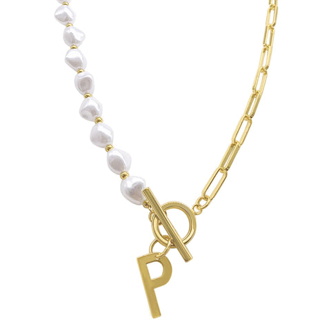 Pearl and Paperclip Chain Initial Toggle Necklace gold