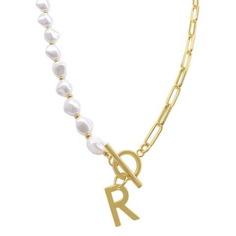 Pearl and Paperclip Chain Initial Toggle Necklace gold