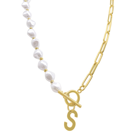 Pearl and Paperclip Chain Initial Toggle Necklace gold