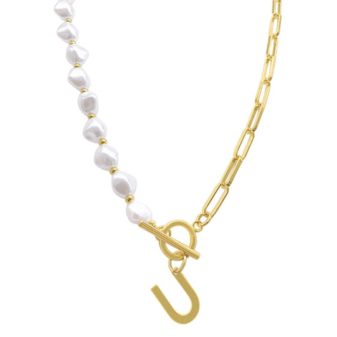 Pearl and Paperclip Chain Initial Toggle Necklace gold