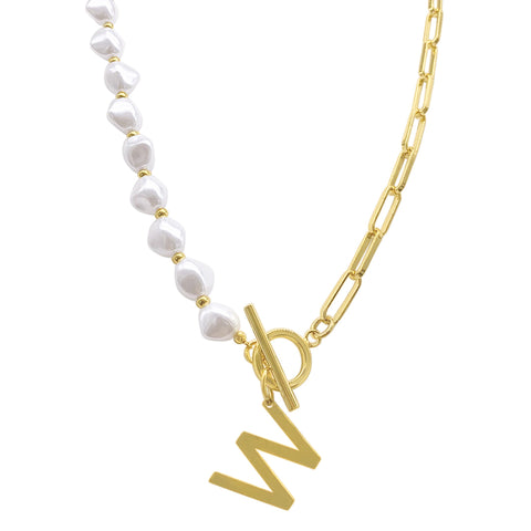 Pearl and Paperclip Chain Initial Toggle Necklace gold