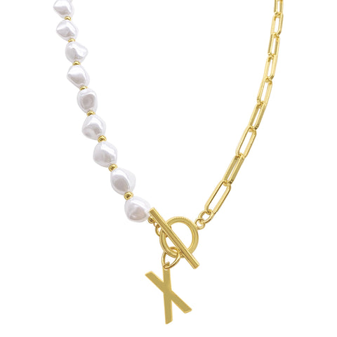 Pearl and Paperclip Chain Initial Toggle Necklace gold