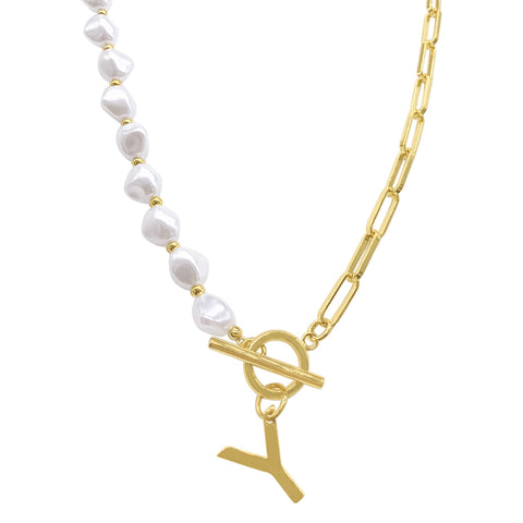 Pearl and Paperclip Chain Initial Toggle Necklace gold