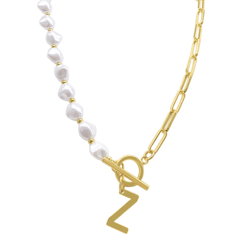 Pearl and Paperclip Chain Initial Toggle Necklace gold