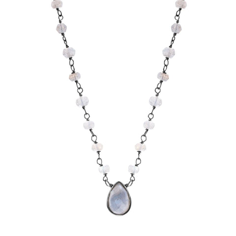 Labradorite Rosary with Pear Center Stone Necklace black rhodium .925 sterling silver