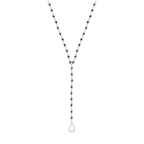 Black Spinel Rosary Lariat with Moonstone Drop black rhodium .925 silver