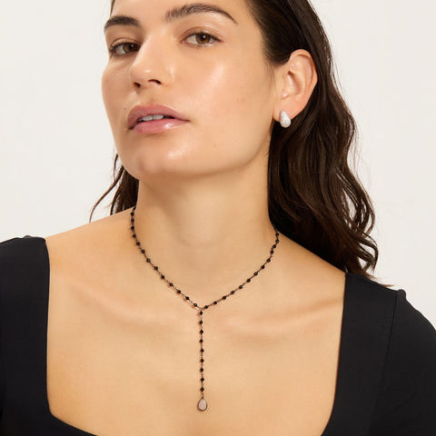 Black Spinel Rosary Lariat with Moonstone Drop black rhodium .925 silver