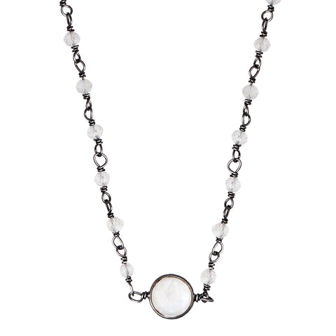 Labradorite Rosary Necklace with Moonstone Center Stone black rhodium .925 sterling silver