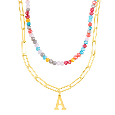 14k Gold Plated Adjustable Layered Color Beads and Paperclip Chain Initial Necklace