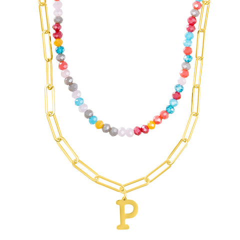 14k Gold Plated Adjustable Layered Color Beads and Paperclip Chain Initial Necklace