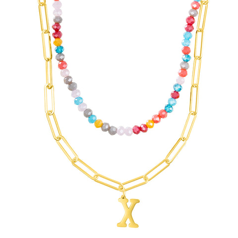 14k Gold Plated Adjustable Layered Color Beads and Paperclip Chain Initial Necklace