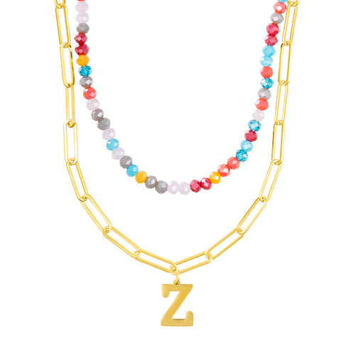 14k Gold Plated Adjustable Layered Color Beads and Paperclip Chain Initial Necklace