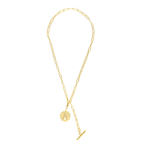 14k Gold Plated Adjustable Paperclip Lariat with Crystal Initial Medallion
