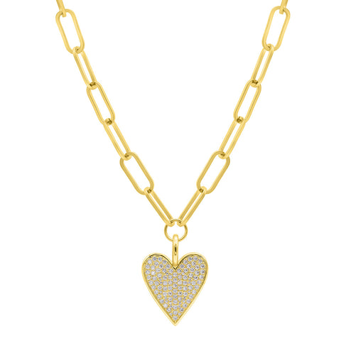 14k Gold Plated Adjustable Chunky Paperclip Link Pave Heart Necklace