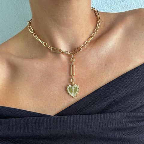 14k Gold Plated CZ Jagged Heart Mixed Link Y-Necklace