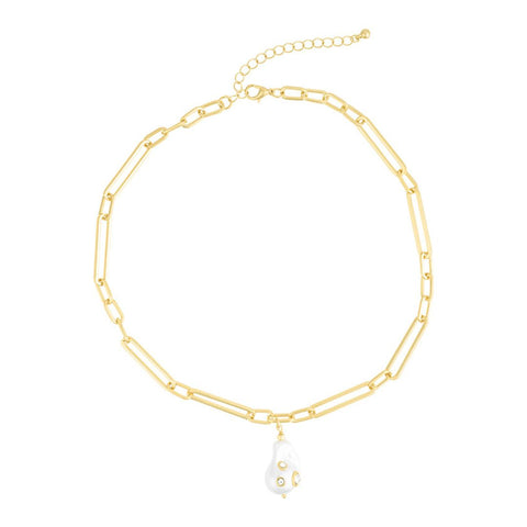 14k Gold Plated Paper Clip Chain with Crystal-Decorated Pearl Drop Necklace