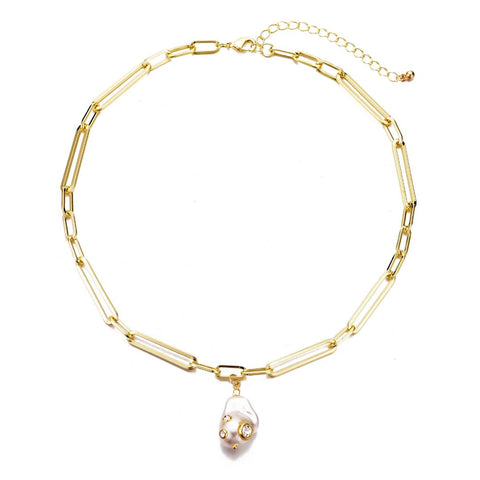 14k Gold Plated Paper Clip Chain with Crystal-Decorated Pearl Drop Necklace