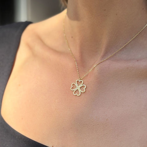 Heart-Shaped Pave Clover Necklace