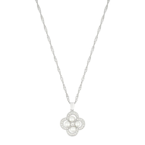 Silver Plated Pearl-Studded Clover Necklace