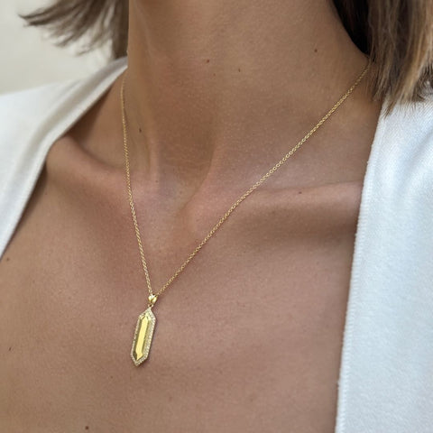 14k Gold Plated Elongated Pave Hexagon Necklace