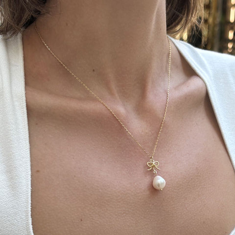 14k Gold Plated Freshwater Pearl Bow Necklace