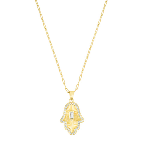 14k Gold Plated Baguette Stone Hamsa Necklace