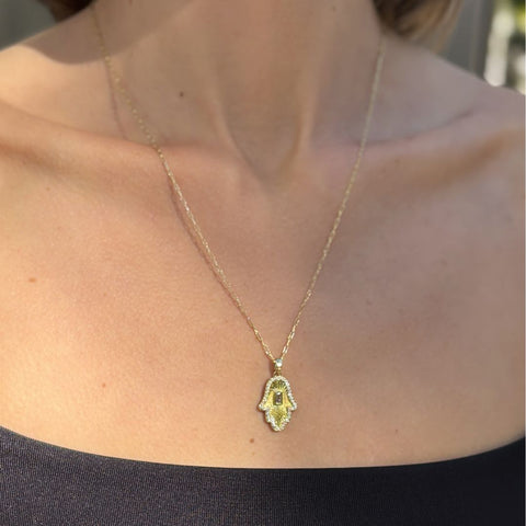 14k Gold Plated Baguette Stone Hamsa Necklace