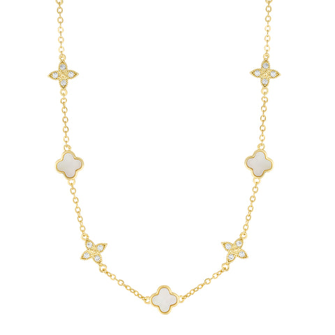 14k Gold Plated Mixed Mother of Pearl and CZ Clover Station Necklace