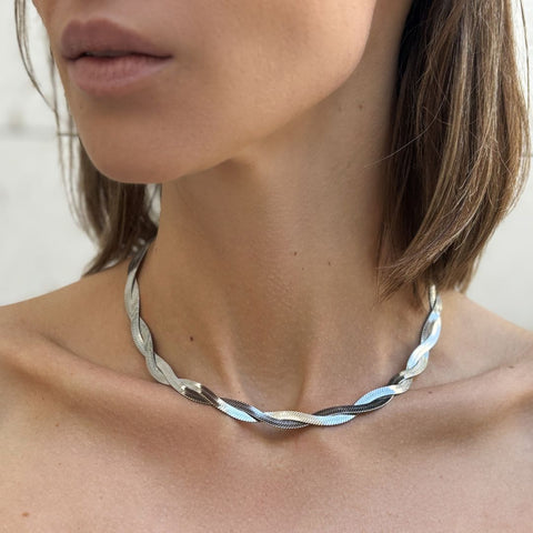 Tarnish Resistant Silver Plated Twisted Herringbone Chain Necklace