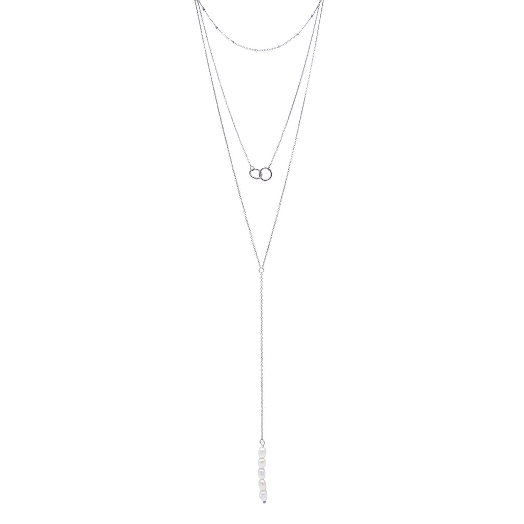 Rhodium Plated Pearl Y- Lariat Layered Necklace