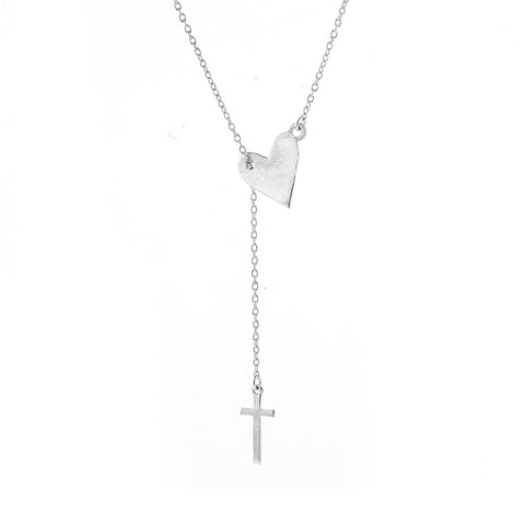 Rhodium Plated Heart and Cross Adjustable Lariat Necklace