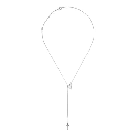 Rhodium Plated Heart and Cross Adjustable Lariat Necklace